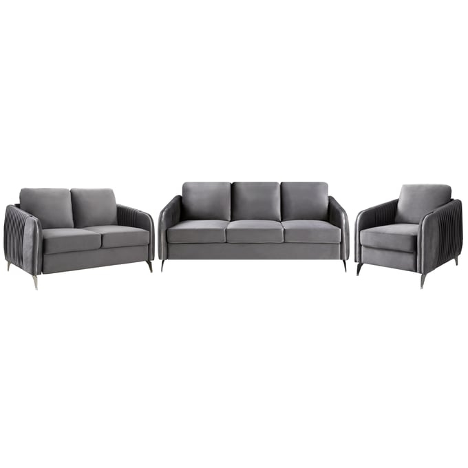 Lilola Home Hathaway Gray Velvet 3pc Living Room Set LILO-89725