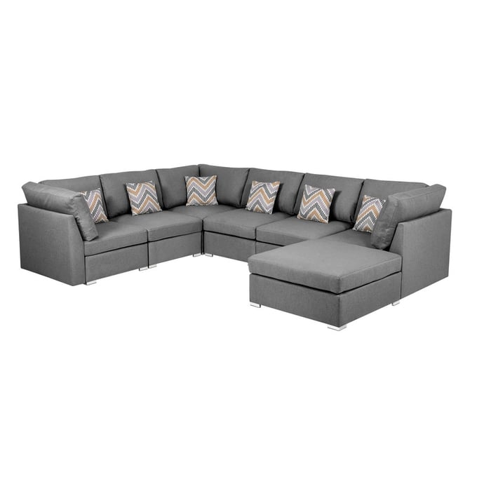 Lilola Home Amira Gray Fabric Reversible Modular Sectional with Ottoman and Pillows LILO-89825-7A