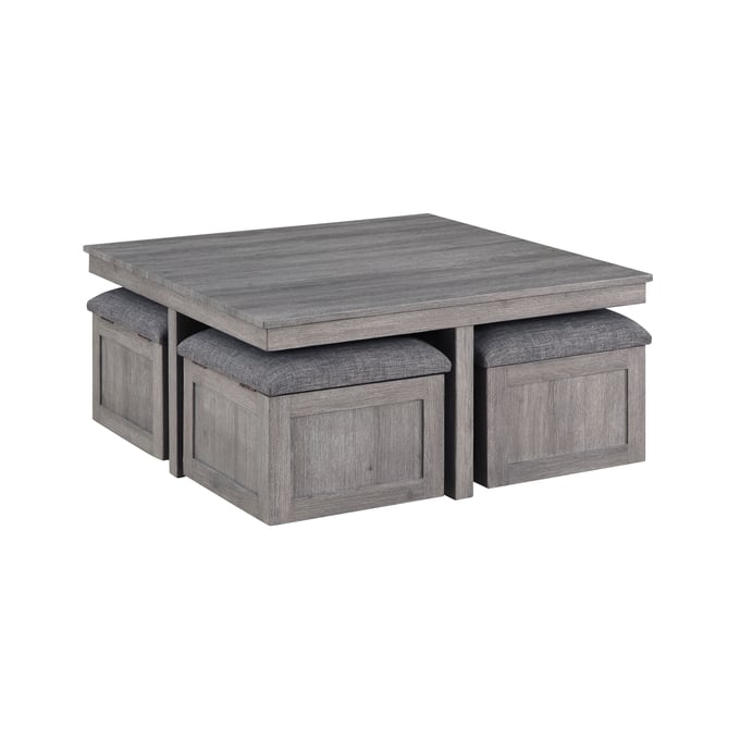 Lilola Home Moseberg Distressed Gray Coffee Table with 4 Storage Stools LILO-98011