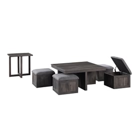 Lilola Home Moseberg Rustic Wood 2pc Coffee Table Set with 4 Storage Stools