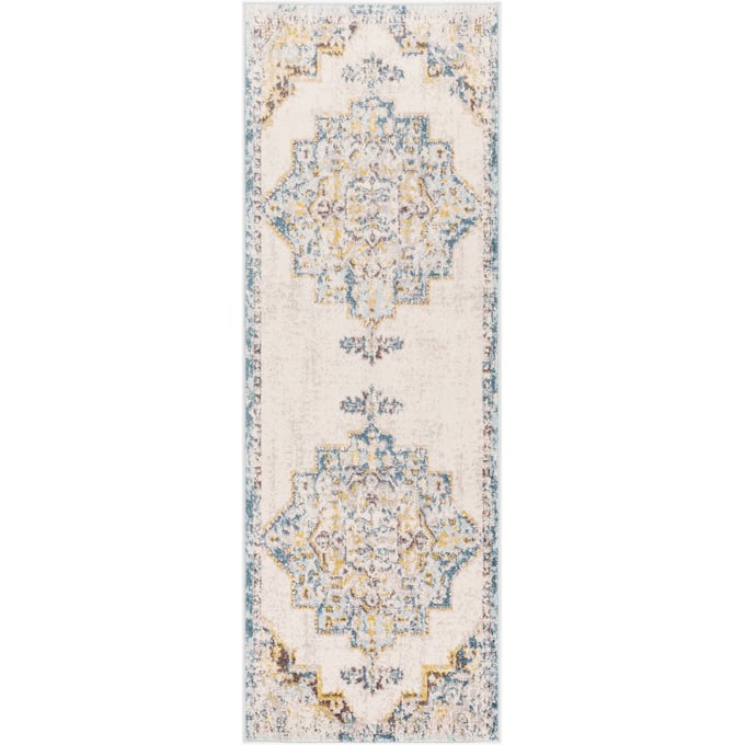 Livabliss Ankara Ice Blue Light Gray Mustard Dark Brown Machine Woven Rug - 87x31 AKR2309-2773