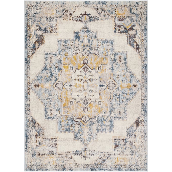 Livabliss Ankara Ice Blue Light Gray Mustard Dark Brown Machine Woven Rug - 108x79 AKR2309-679