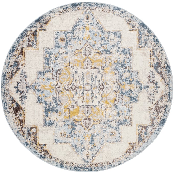 Livabliss Ankara Ice Blue Light Gray Mustard Dark Brown Round Machine Woven Rug - 79x79 AKR2309-67RD