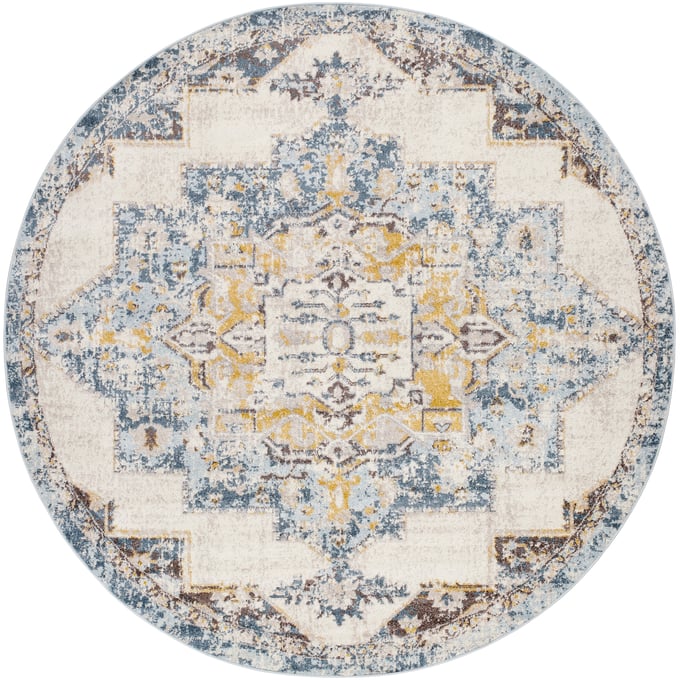 Livabliss Ankara Ice Blue Light Gray Mustard Dark Brown Round Machine Woven Rug - 94x94 AKR2309-710RD