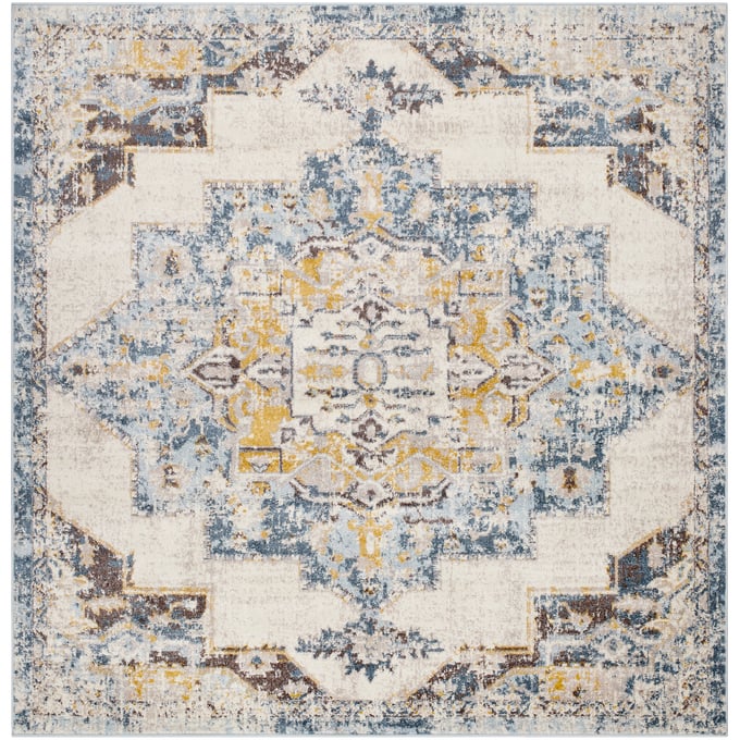 Livabliss Ankara Ice Blue Light Gray Mustard Dark Brown Machine Woven Rug - 94x94 AKR2309-710SQ