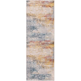 Livabliss Ankara Ice Blue Light Gray Mustard Machine Woven Rug - 87x31