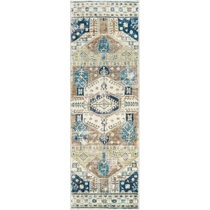 Livabliss Erin Olive Blue Tan Machine Woven Rug - 91X31 ERN2303-2676