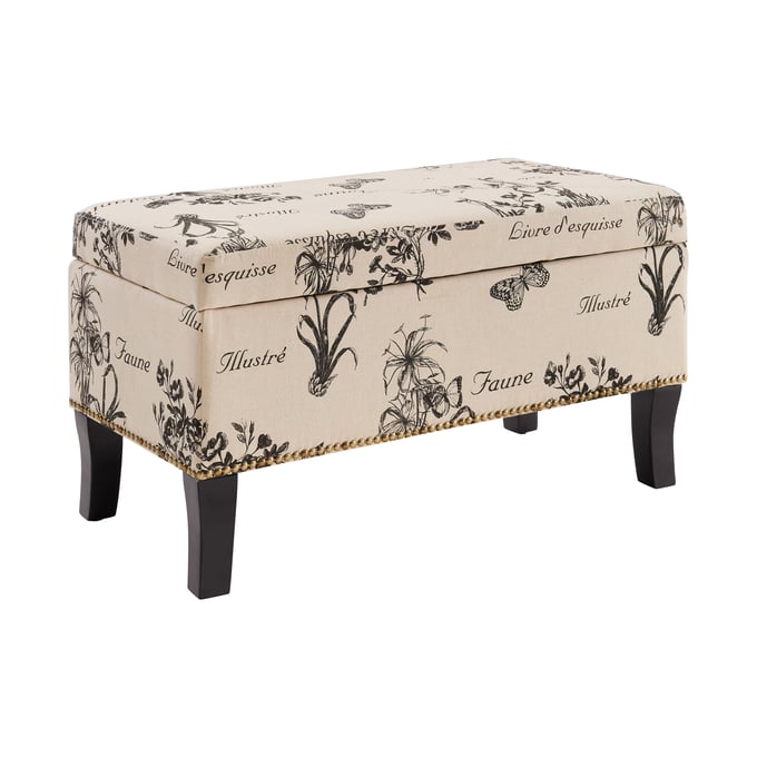 Linon Stephanie Black Botanical Linen Storage Bench LN-40454BOT01U