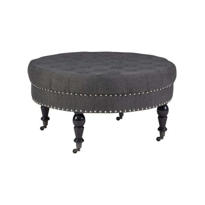 Linon Isabelle Charcoal Round Tufted Ottoman LN-420057CHA01U