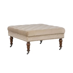 Linon Isabelle Dark Walnut Tan Velvet Square Tufted Ottoman