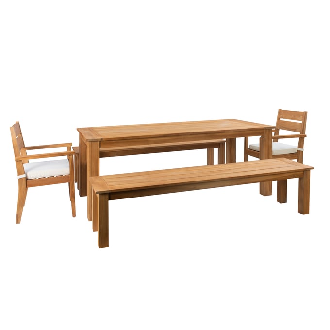 Linon Carenen Natural Beige 5pc Outdoor Teak Dining Set with Benches LN-ODCP73TKSET5PC