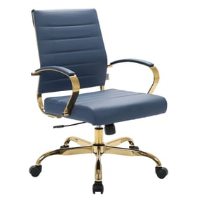 LeisureMod Benmar Navy Blue Leather Office Chair with Gold Frame