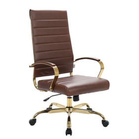 LeisureMod Benmar Brown Leather High Back Office Chair with Gold Frame