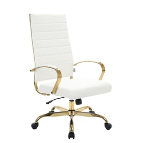 LeisureMod Benmar White Leather High Back Office Chair with Gold Frame