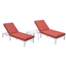 LeisureMod Chelsea Red Cushion 3pc Outdoor Chaise Lounge Chair Set with Sid...