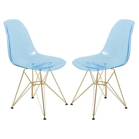 2 LeisureMod Cresco Transparent Blue Gold Base Side Chairs