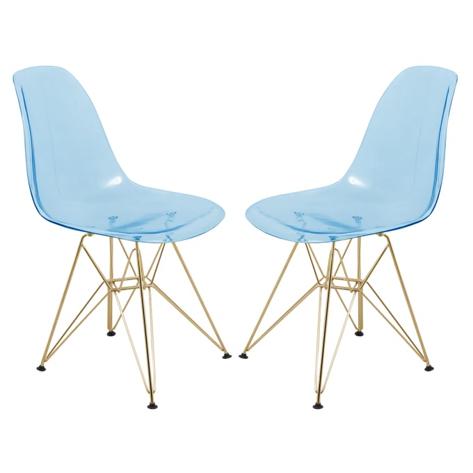 2 LeisureMod Cresco Transparent Blue Gold Base Side Chairs LSM-CR19TBUG2