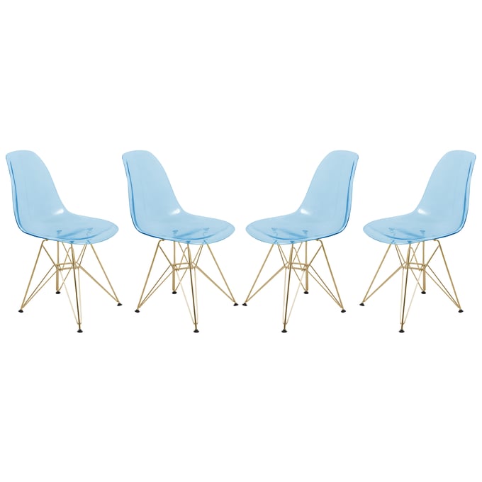 4 LeisureMod Cresco Transparent Blue Gold Base Side Chairs LSM-CR19TBUG4