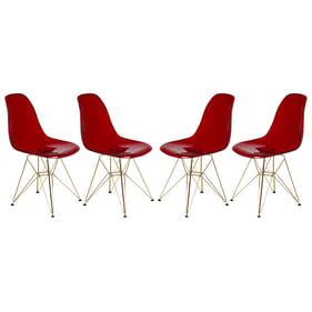 4 LeisureMod Cresco Transparent Red Molded Gold Base Eiffel Side Chairs