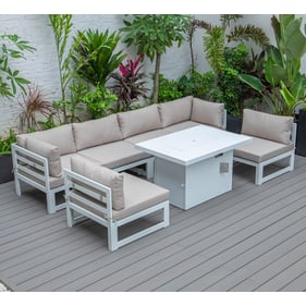 LeisureMod Chelsea White Beige 7pc Patio Sectional and Fire Pit Table with ...