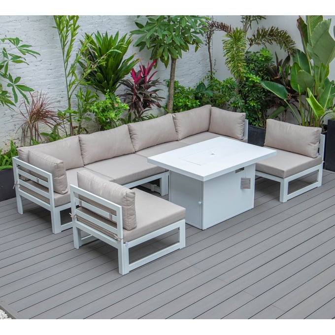 LeisureMod Chelsea White Beige 7pc Patio Sectional and Fire Pit Table with Cushions LSM-CSFW-7BG