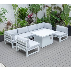 LeisureMod Chelsea White Light Grey 7pc Patio Sectional and Fire Pit Table ...