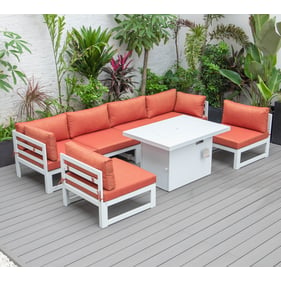 LeisureMod Chelsea White Orange 7pc Patio Sectional and Fire Pit Table with...