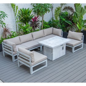 LeisureMod Chelsea Weathered Grey Beige 7pc Patio Sectionals and Fire Pit T...