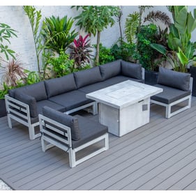 LeisureMod Chelsea Weathered Grey Black 7pc Patio Sectionals and Fire Pit T...