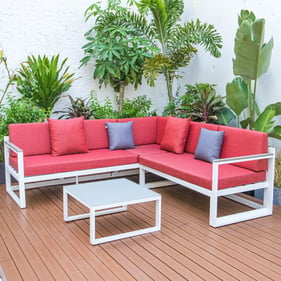 LeisureMod Chelsea Red Fabric Two Tone Cushions White Sectional with Coffee...