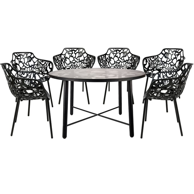 LeisureMod Devon Black 7pc Outdoor Patio Dining Set LSM-DT48CABL6