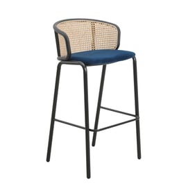 LeisureMod Ervilla Black Navy Blue Wicker Bar Stool with Fabric Seat