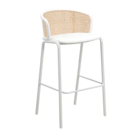 LeisureMod Ervilla White Wicker Bar Stool with Fabric Seat