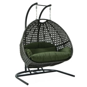 LeisureMod Egg Dark Green Fabric Wicker Hanging Double Swing Chair