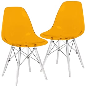 2 LeisureMod Dover Transparent Orange Acrylic Base Side Chairs