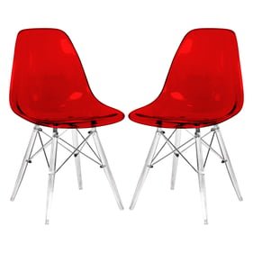 2 LeisureMod Dover Transparent Red Molded Acrylic Base Side Chairs