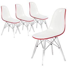 4 LeisureMod Dover White Red Acrylic Base Side Chairs