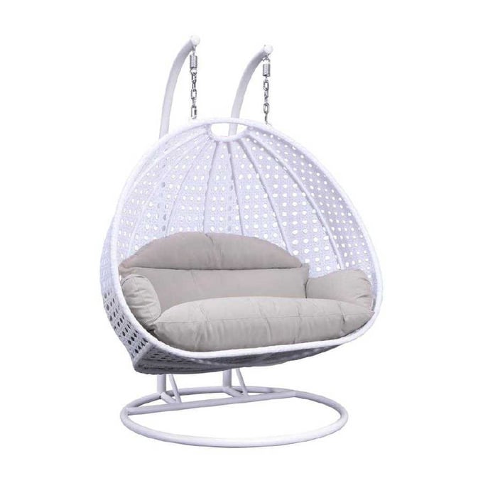 LeisureMod Egg White Taupe Wicker Hanging Swing Chair LSM-ESC57WBG