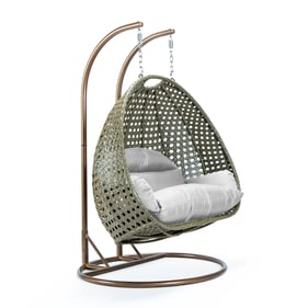 LeisureMod Egg Beige Wicker White Hanging 2 Persons Egg Swing Chair