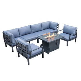 LeisureMod Hamilton Charcoal Blue Cushion 7pc Patio Conversation Set with F...