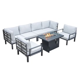 LeisureMod Hamilton Light Grey Cushion 7pc Patio Conversation Set with Fire...