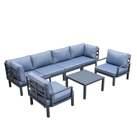 LeisureMod Hamilton Charcoal Blue Cushion 7pc Patio Conversation Set with C...