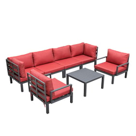 LeisureMod Hamilton Red Cushion 7pc Patio Conversation Set with Coffee Tabl...