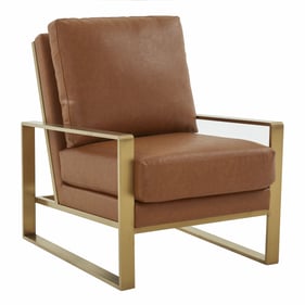 LeisureMod Jefferson Cognac Tan Leather Gold Frame Accent Armchair