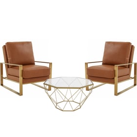 LeisureMod Jefferson Cognac Tan Gold Armchair and Large Octagon Coffee Tabl...