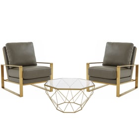 LeisureMod Jefferson Grey Gold Armchair and Large Octagon Coffee Table Set