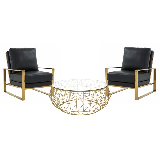 LeisureMod Jefferson Black Gold Armchair and Round Coffee Table Set LSM-JAG29MD39BL2-L