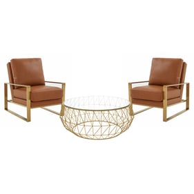 LeisureMod Jefferson Cognac Tan Gold Armchair and Round Coffee Table Set