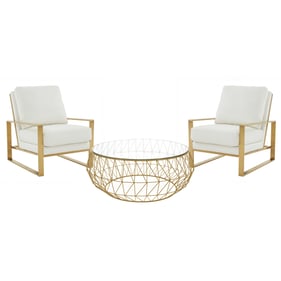 LeisureMod Jefferson White Gold Armchair and Round Coffee Table Set