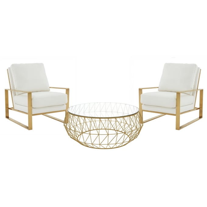 LeisureMod Jefferson White Gold Armchair and Round Coffee Table Set LSM-JAG29MD39W2-L